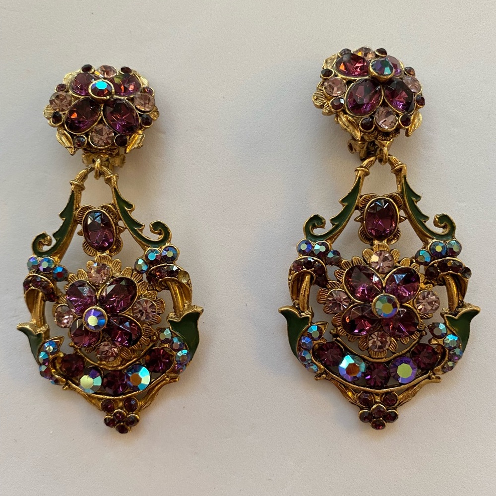 THELMA DEUTSCH 1980’s Long Purple/Violet/Green Gold Plated Dangle Earrings